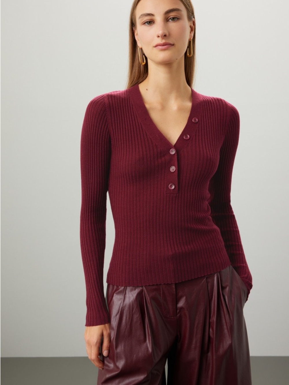 Derek Lam Ribbed Henley Long Sleeve Sweater in Burgundy